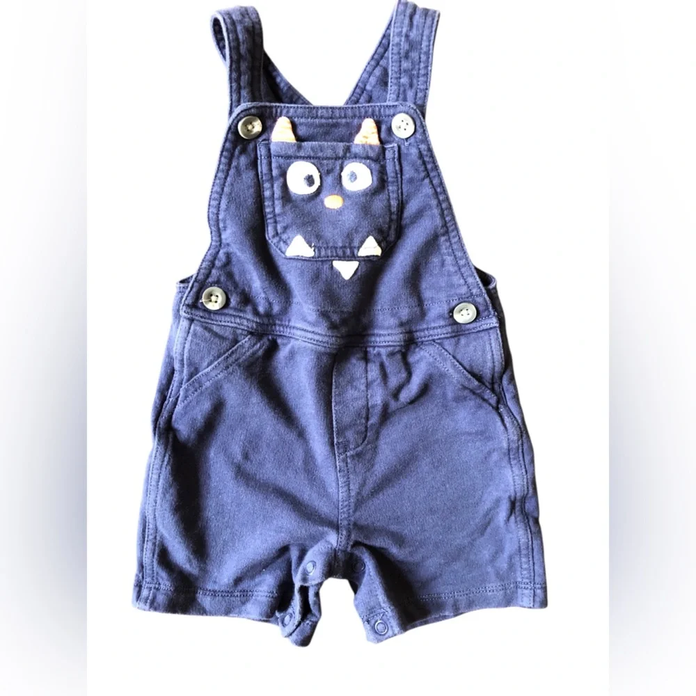 4/$20 Carters Navy Blue Monster Halloween Overalls Shorts Sz 12 Mo